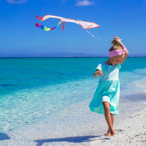 photo une petite fille et son cerf volant sur la plage